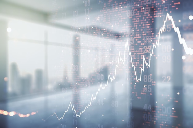 Multi exposure of virtual abstract financial chart hologram and world map on empty modern office background research and analytics concept