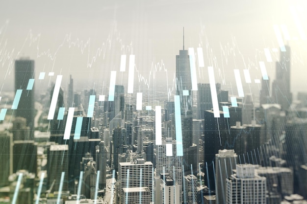Мультиэкспозиция виртуальной абстрактной финансовой диаграммы на фоне офисных зданий Чикаго концепция банковского дела и бухгалтерского учета