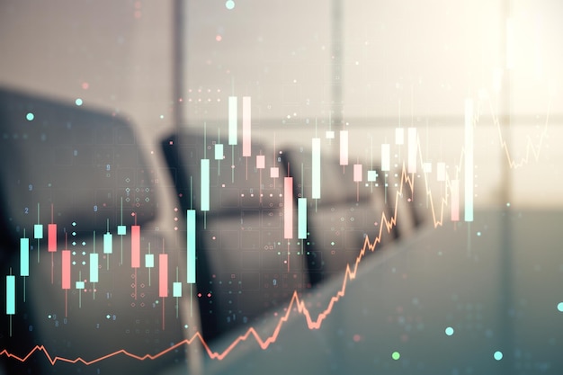 Multi exposure of virtual abstract financial diagram on a modern furnished office interior background banking and accounting concept