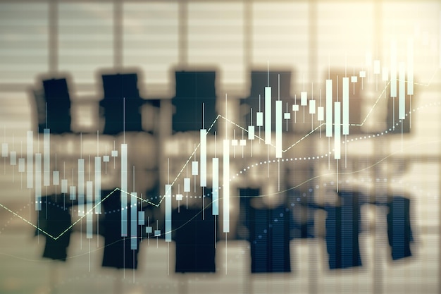 Multi exposure of virtual abstract financial diagram on a modern furnished office interior background banking and accounting concept