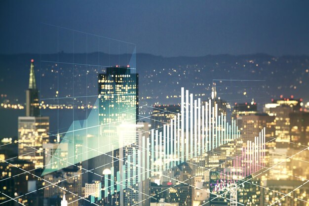 Multi exposure of virtual abstract financial diagram on san\
francisco office buildings background banking and accounting\
concept