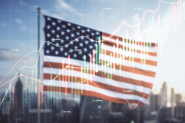 Multi exposure of virtual abstract financial diagram on US flag and city background banking and accounting concept