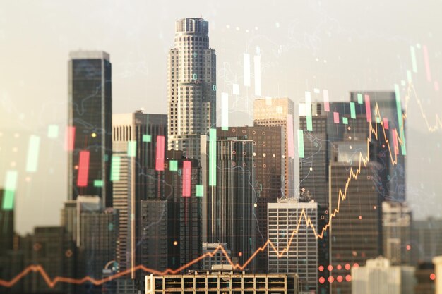 Multi exposure of virtual abstract financial graph hologram and\
world map on los angeles cityscape background financial and trading\
concept