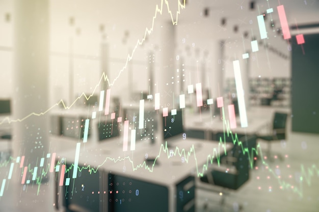 Multi exposure of virtual abstract financial graph interface on a modern furnished classroom background financial and trading concept