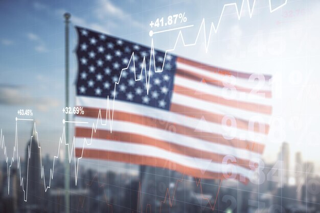 Multi exposure of virtual abstract financial graph interface on\
us flag and skyline background financial and trading concept