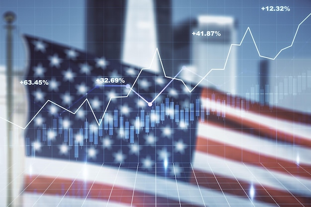 Multi exposure of virtual abstract financial graph interface on US flag and skyline background financial and trading concept