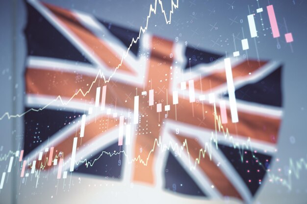 Multi exposure of virtual creative financial chart hologram on British flag and blue sky background research and analytics concept