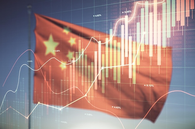 Multi exposure of virtual creative financial chart hologram on Chinese flag and blue sky background research and analytics concept