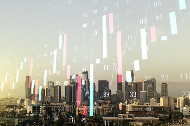 Multi exposure of virtual creative financial chart hologram on Los Angeles skyscrapers background research and analytics concept