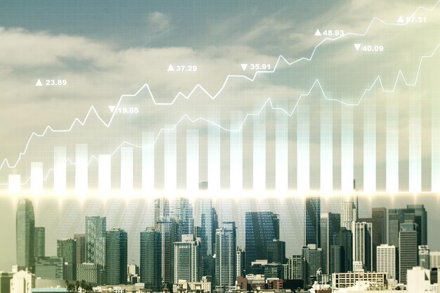 Multi exposure of virtual creative financial chart hologram on Los Angeles skyscrapers background research and analytics concept