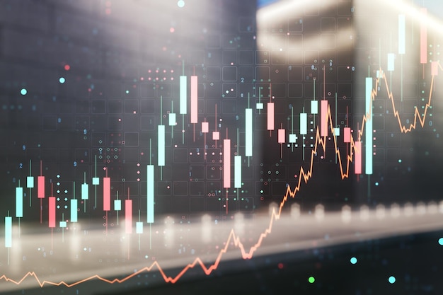 multi exposure of virtual creative financial chart hologram on modern business center exterior background research and analytics concept