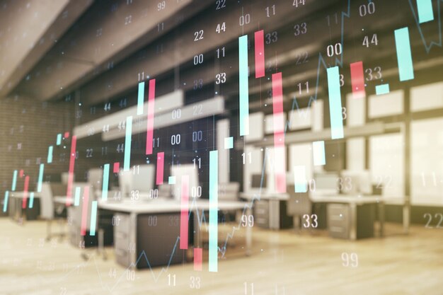 Photo multi exposure of virtual creative financial chart hologram on modern corporate office background research and analytics concept