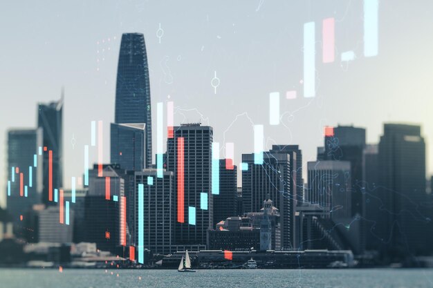 샌프란시스코 고층 빌딩 배경 연구 및 분석 개념에 대한 가상 크리에이티브 금융 차트 홀로그램의 다중 노출