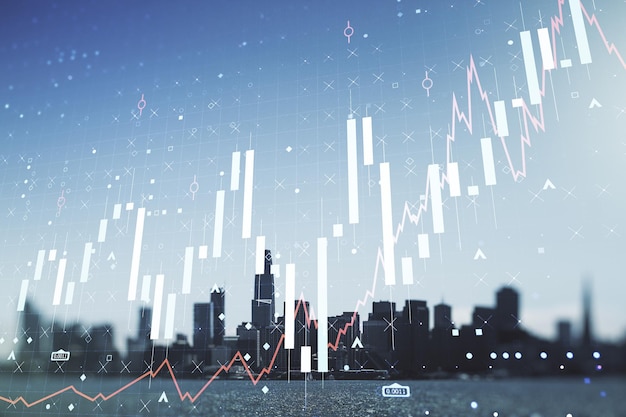 Multi exposure of virtual creative financial chart hologram on San Francisco skyscrapers background research and analytics concept