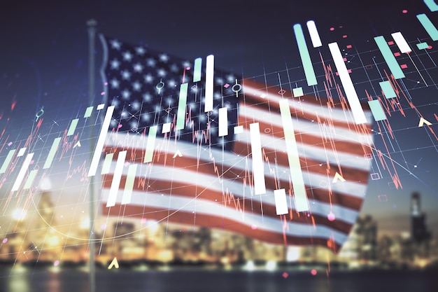 Multi exposure of virtual creative financial chart hologram on USA flag and blurry skyscrapers background research and analytics concept