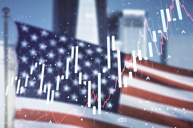 Мультиэкспозиция виртуальной творческой голограммы финансовой диаграммы на флаге США и размытых небоскребах фоновых исследований и концепции аналитики