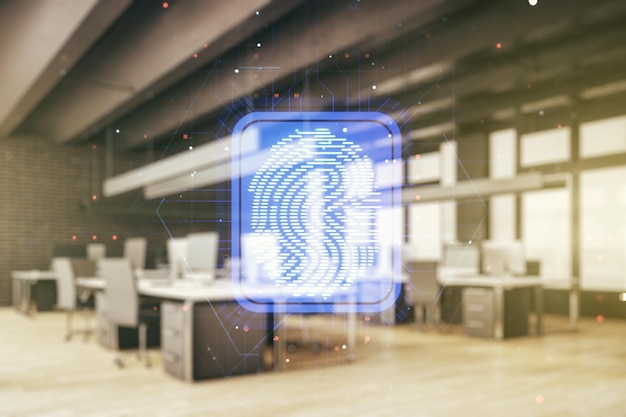 Foto multi esposizione dell'ologramma dell'impronta digitale creativa virtuale sul concetto di dati biometrici personali di sfondo moderno ufficio aziendale
