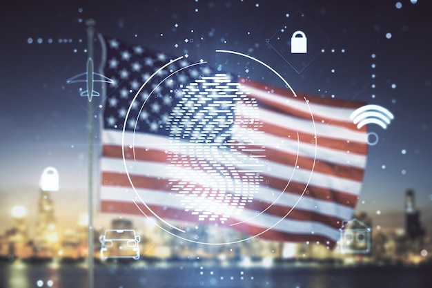 Multi exposure of virtual creative fingerprint hologram on USA flag and blurry skyscrapers background personal biometric data concept