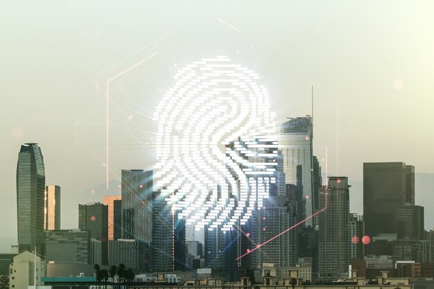 Multi exposure of virtual fingerprint scan interface on los\
angeles office buildings background digital access concept