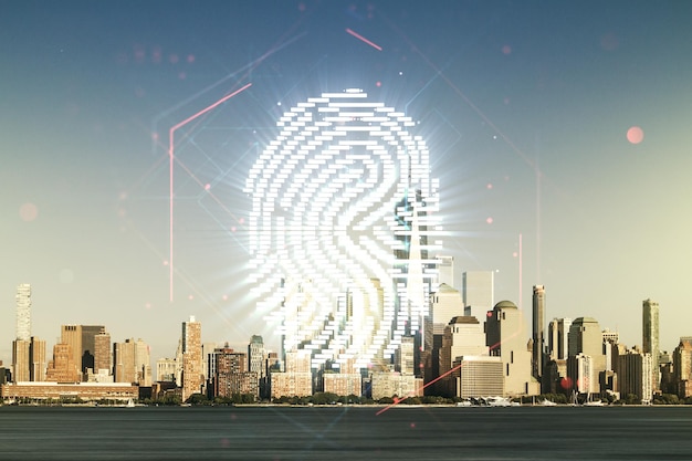 Мультиэкспозиция виртуального интерфейса сканирования отпечатков пальцев на фоне офисных зданий Манхэттена концепция цифрового доступа