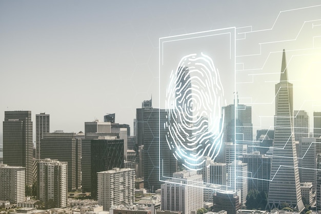 Multi exposure of virtual fingerprint scan interface on San Francisco office buildings background digital access concept