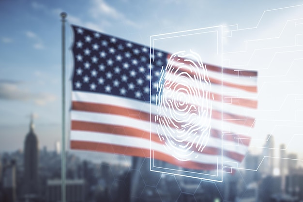 Multi exposure of virtual graphic fingerprint sketch on US flag and skyline background fingerprint scan data concept