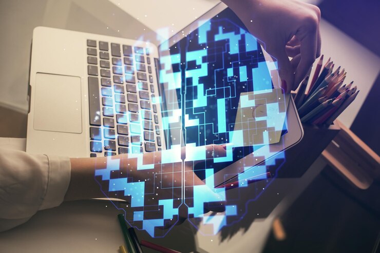 Photo multi exposure of woman hands working on computer and data theme hologram drawing tech concept