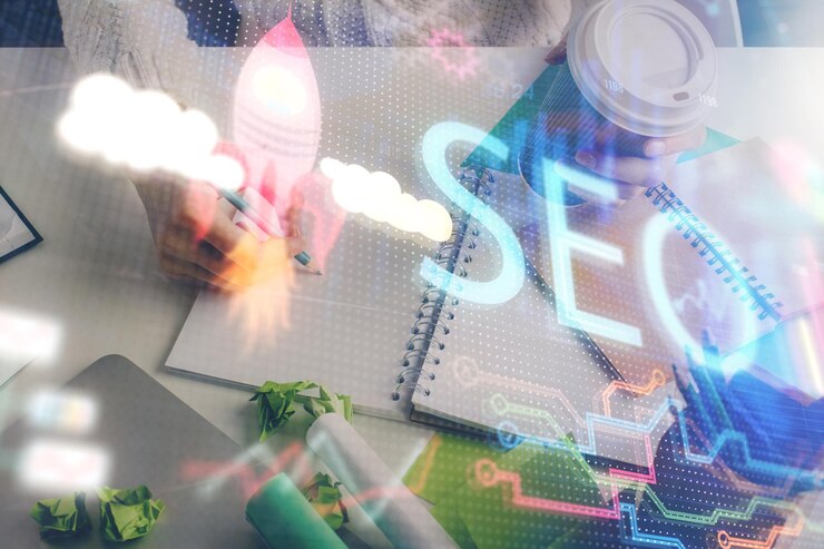 Photo multi exposure of woman's hands making notes with seo icon concept of search engine optimization