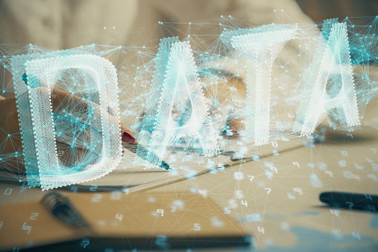 फोटो multi exposure of womans writing hand on background with data technology hologram concept of innovation