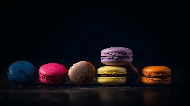 Multi flavored macaroons against dark background Illustration AI GenerativexA