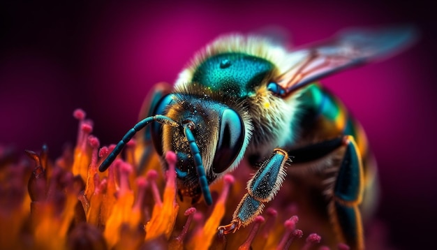 Multi gekleurde bij bestuift kleine paarse bloem buitenshuis gegenereerd door AI