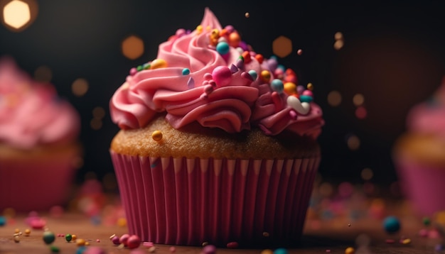 Multi gekleurde cupcake met gourmet glazuur gebakken voor verjaardagsviering gegenereerd door kunstmatige intelligentie