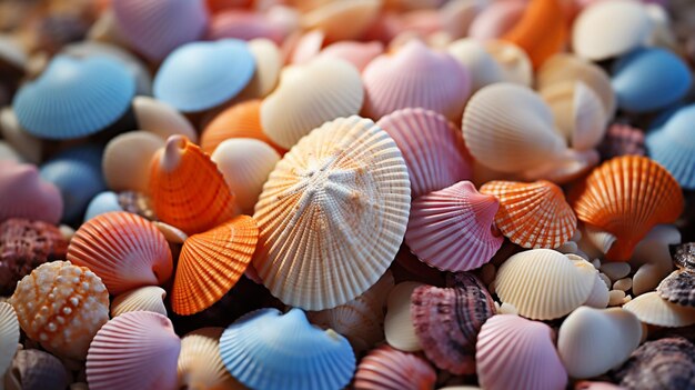 Multi gekleurde zeeschelpcollectie schoonheid in de natuur zeestrand met zee