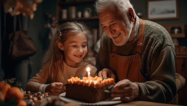 Multi generation family bonding in domestic kitchen enjoying candle flame joy generated by AI