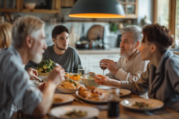 Photo multi generation family gathered around table having weekend lunch in the kitchen at home