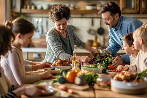 Multi generation family gathered around table having weekend lunch in the kitchen at home