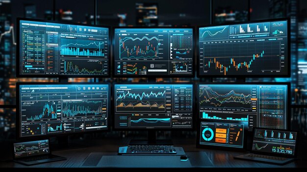 Foto multi monitor workstation stock in tempo reale materie prime e grafici del mercato dei cambi generative ai