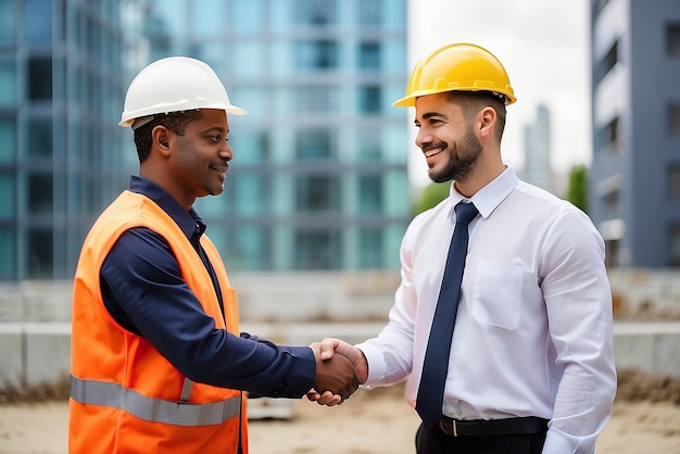 Multi racial builders handshaking outdoors