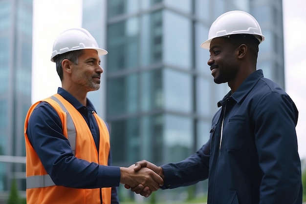 Multi racial builders handshaking outdoors