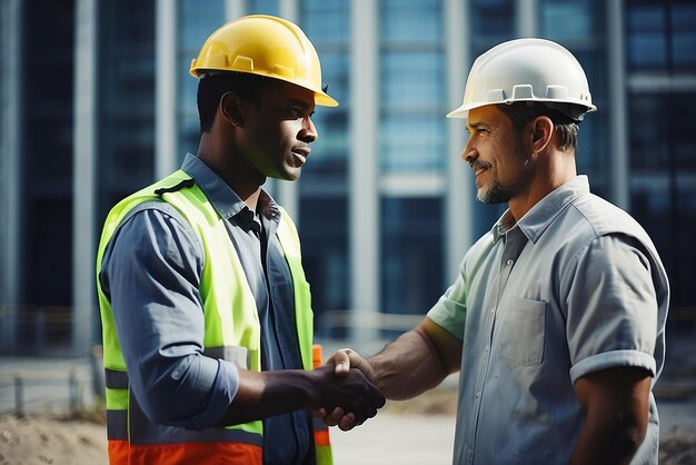 Multi racial builders handshaking outdoors