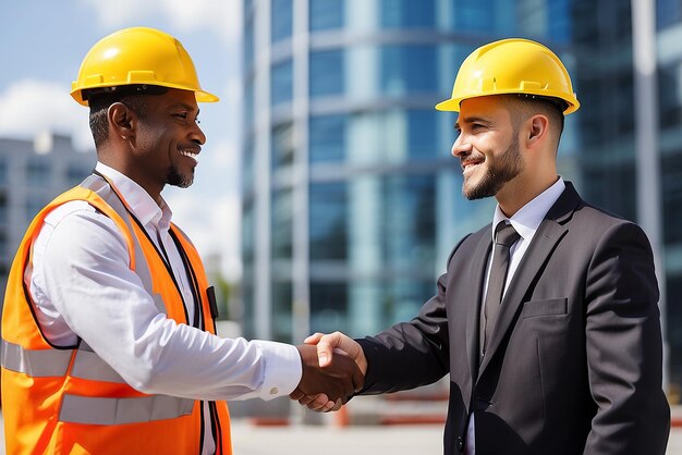 Multi racial builders handshaking outdoors