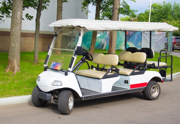 Multi-seat Golf cart. Electric car for excursions in the Park. Transportation of people.