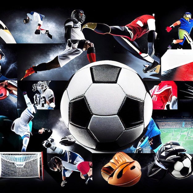 Photo multi sport collage football boxing soccer voleyball ice hockey on black background