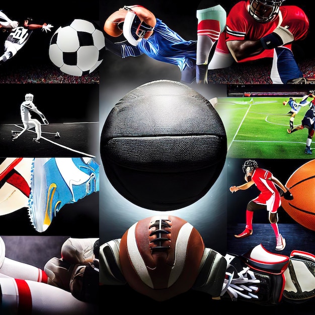 Multi sport collage football boxing soccer voleyball ice hockey on black background