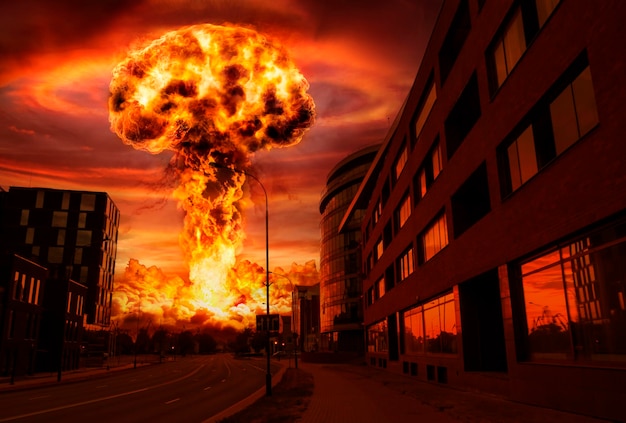 Multi-storey modern houses on the background of a nuclear explosion
