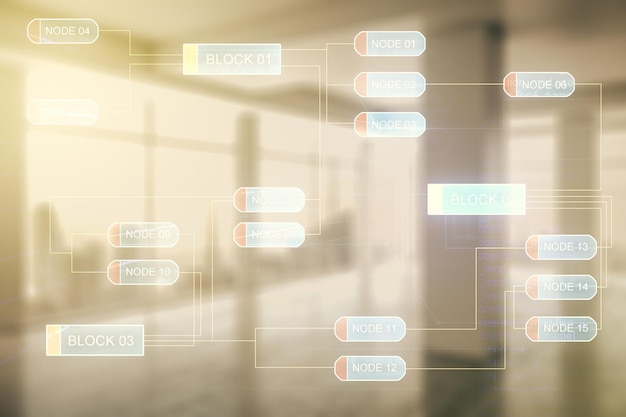 Multiblootstelling van abstract softwareontwikkelingshologram op leeg modern bureau achtergrondonderzoek en analyseconcept