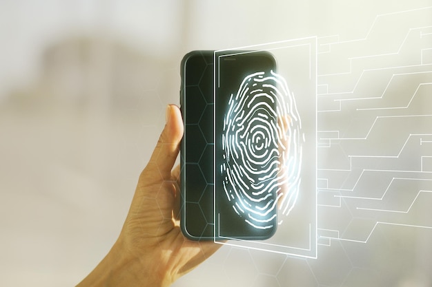 Foto multiblootstelling van abstracte vingerafdrukscaninterface en hand met mobiel op achtergrond digitaal toegangsconcept