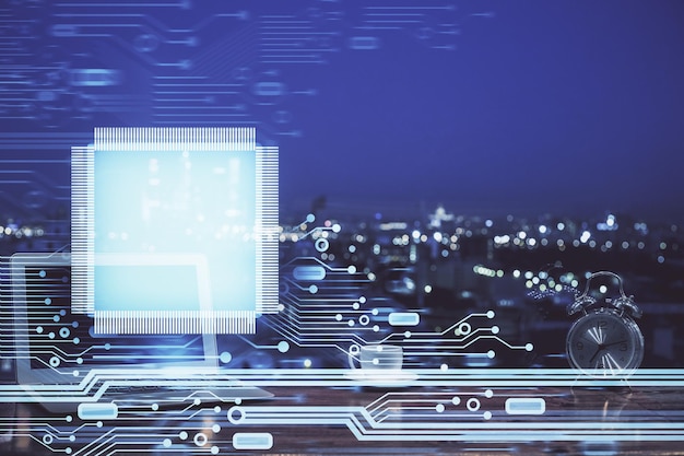 Multiblootstelling van computer op achtergrond en technologiethema tekening Concept innovatie