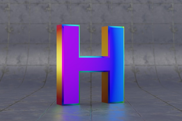 Multicolor 3d letter H uppercase. Glossy iridescent letter on tile background. Metallic alphabet with studio light reflections. 3d rendered font character.