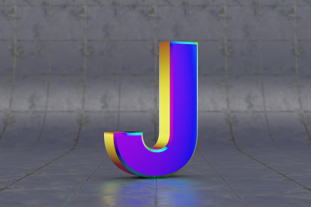 Multicolor 3d letter J uppercase. Glossy iridescent letter on tile background. Metallic alphabet with studio light reflections. 3d rendered font character.